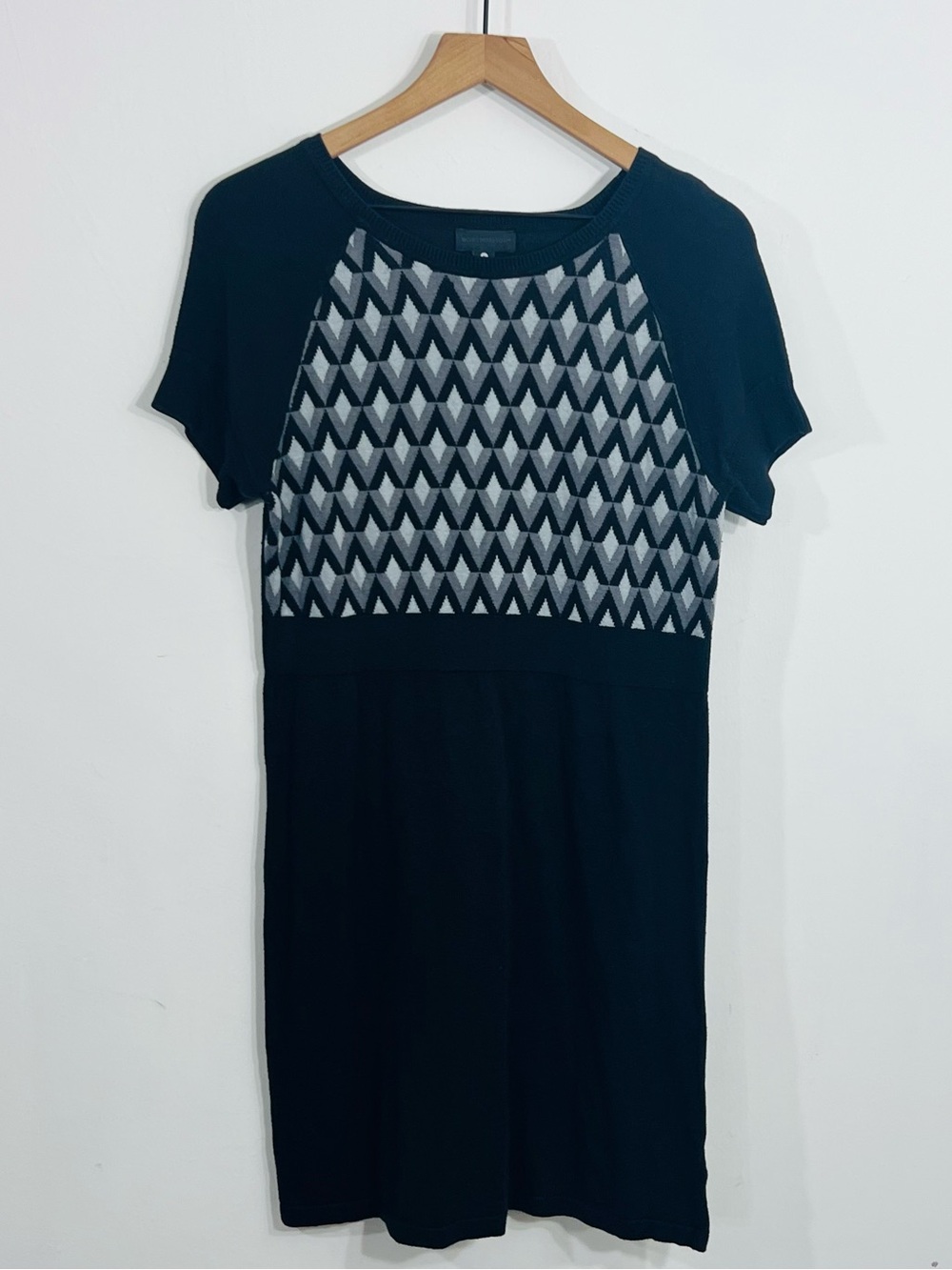 Worthington Black Knit Pullover Short Sleeve Dress Diamond Geometric Pattern